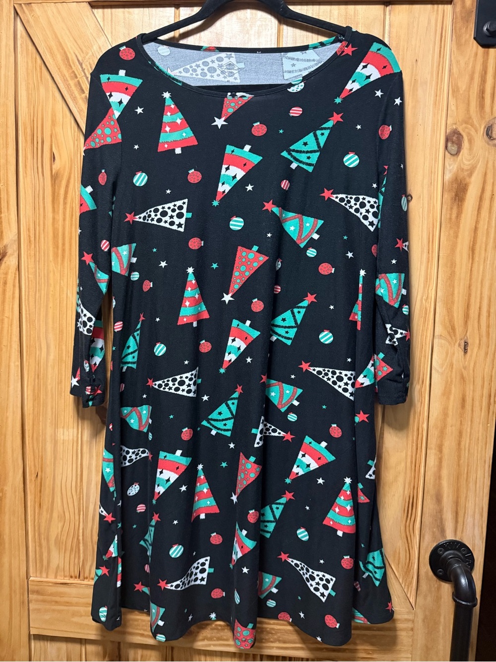 St. John's Bay Black Holiday Tree Print Swing Dress with Red & Teal Accents